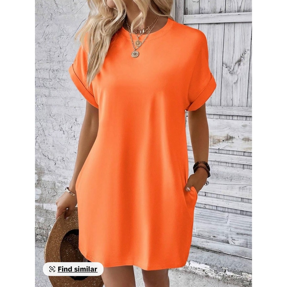 NWOT Set/3 Sz XL T-Shirt Dresses Orange Black Tan Cuffed Sleeve Pockets Bundle - Picture 3 of 11